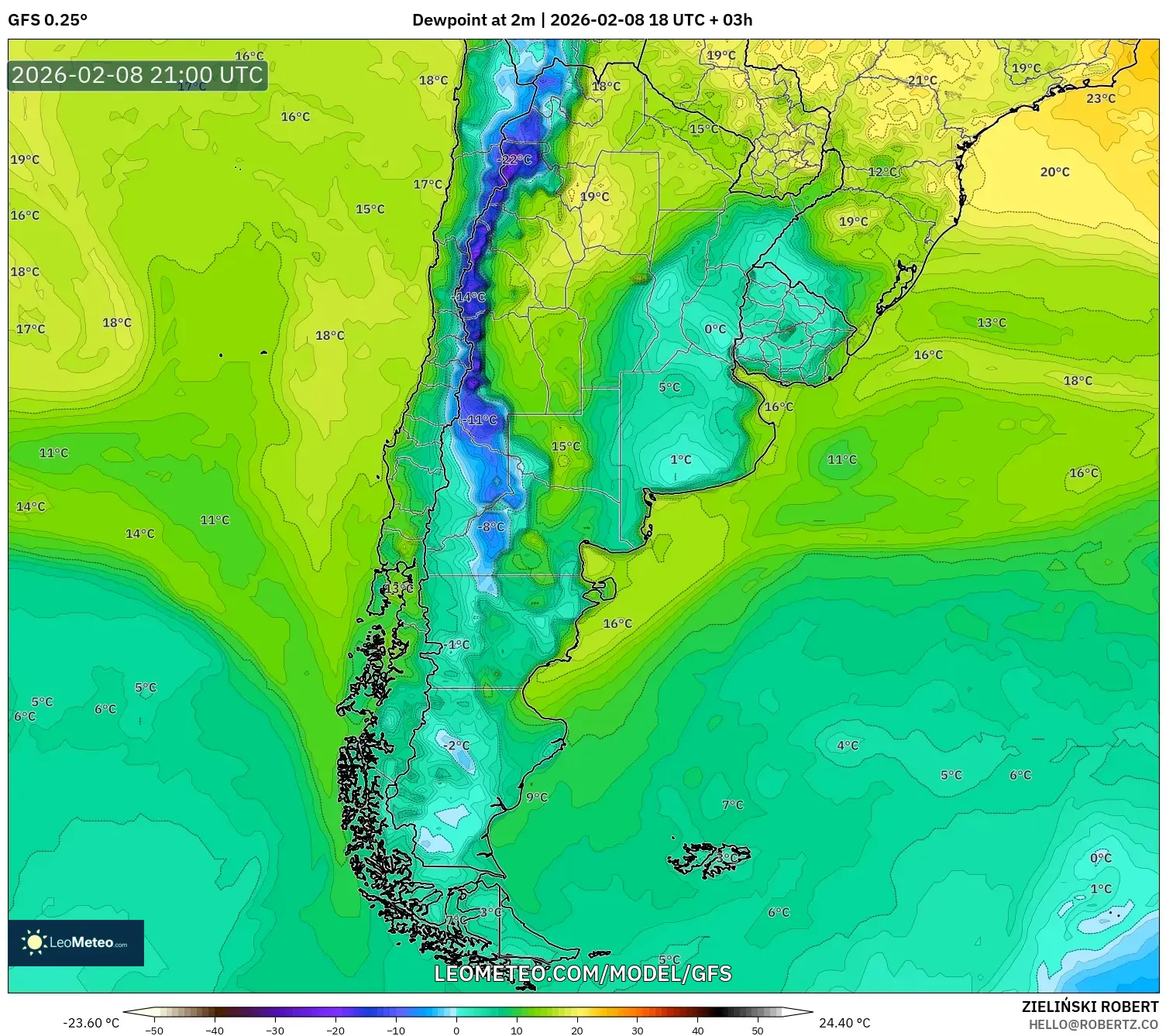 GFS model - Argentina, Dewpoint at 2m
