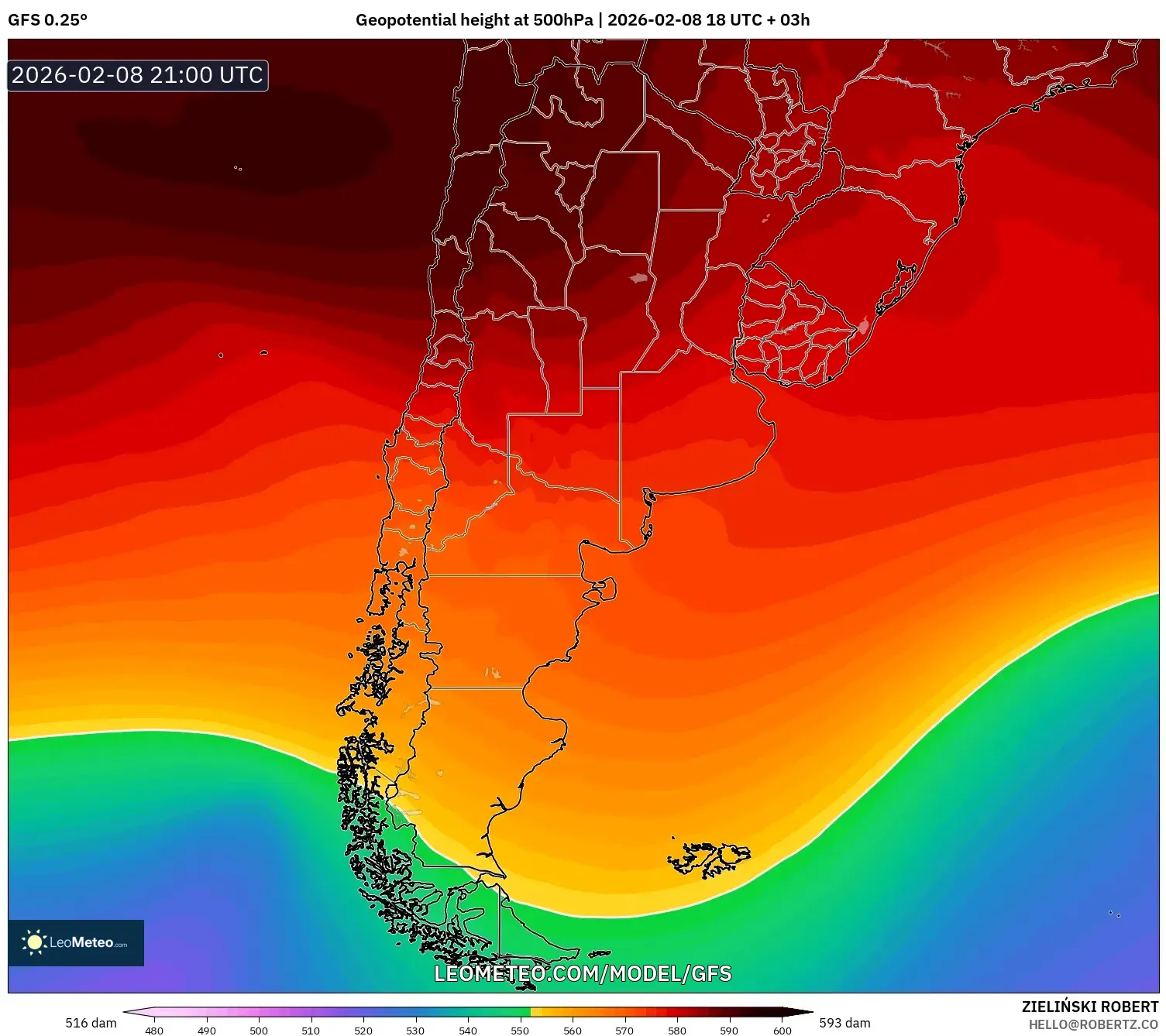 GFS model - Argentina, Ketinggian geopotensial pada 500 hPa
