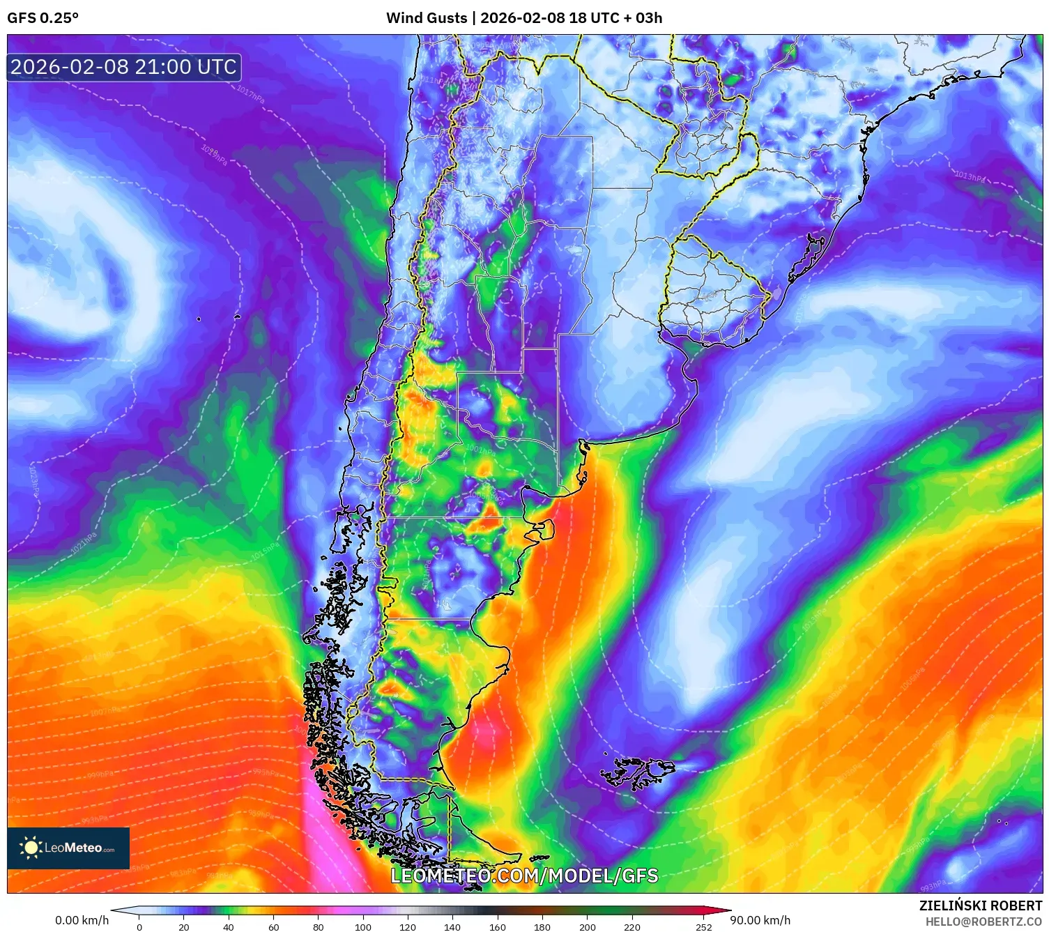 GFS model - Argentina, Wind Gusts