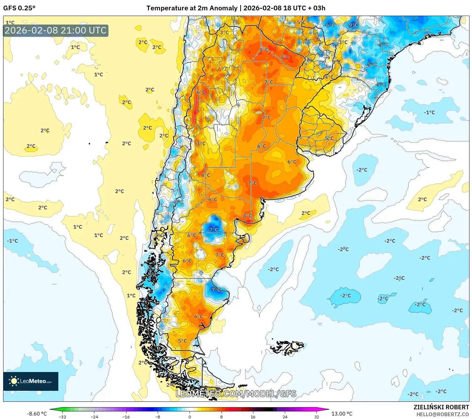 GFS model - Argentina, Temperature at 2m Anomaly