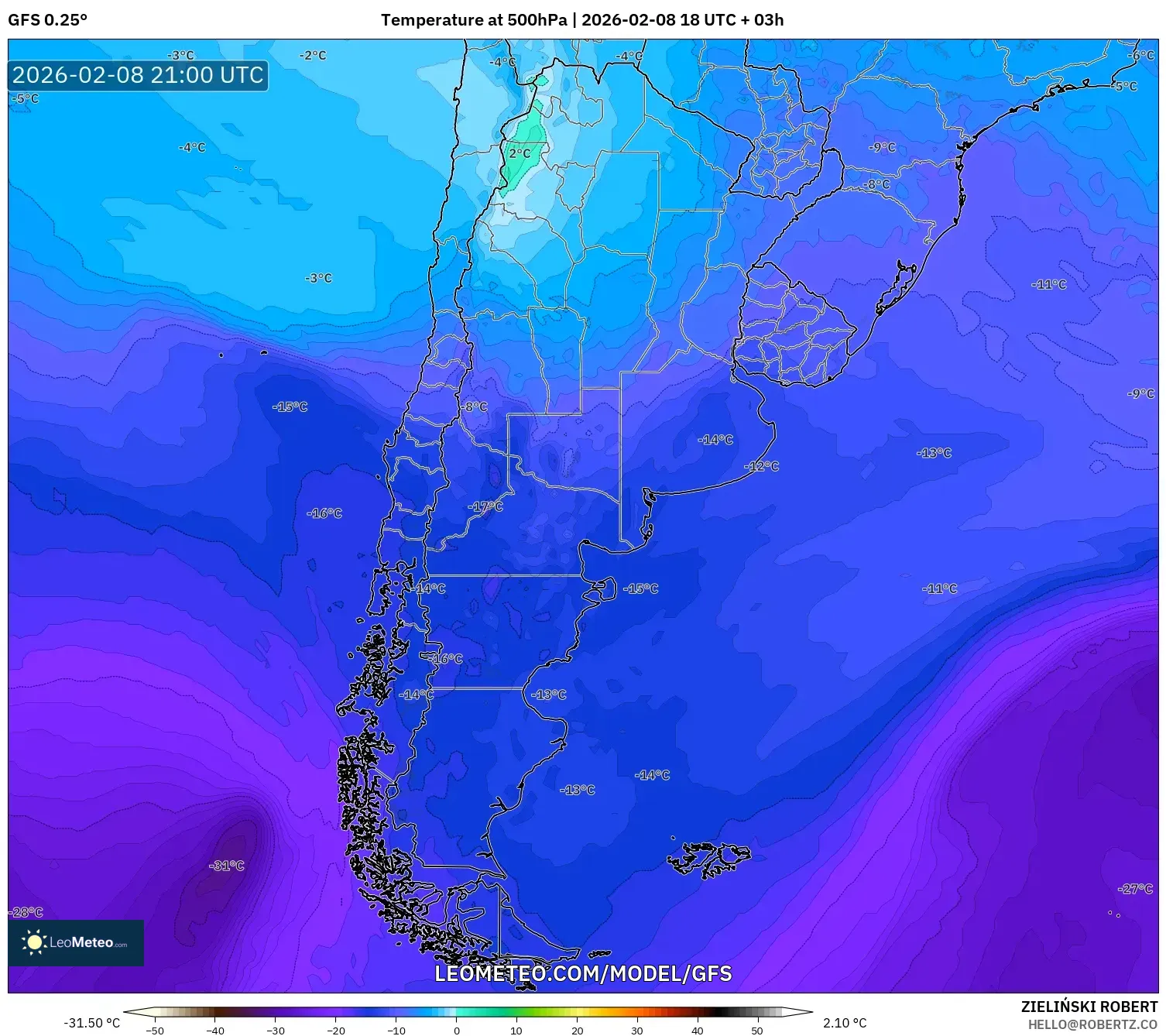 GFS model - Argentina, Suhu 500 hPa