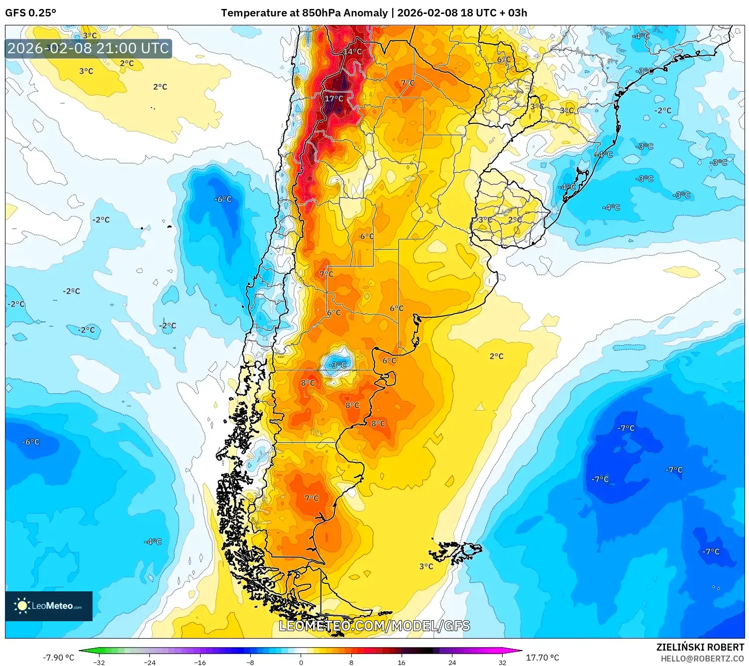 GFS model - Argentina, Temperature at 850hPa Anomaly