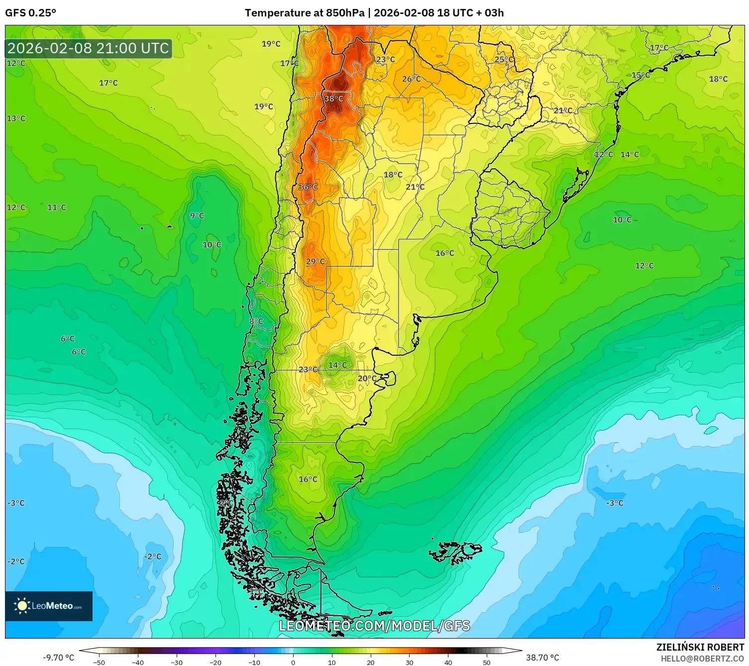 GFS model - Argentina, Suhu 850 hPa