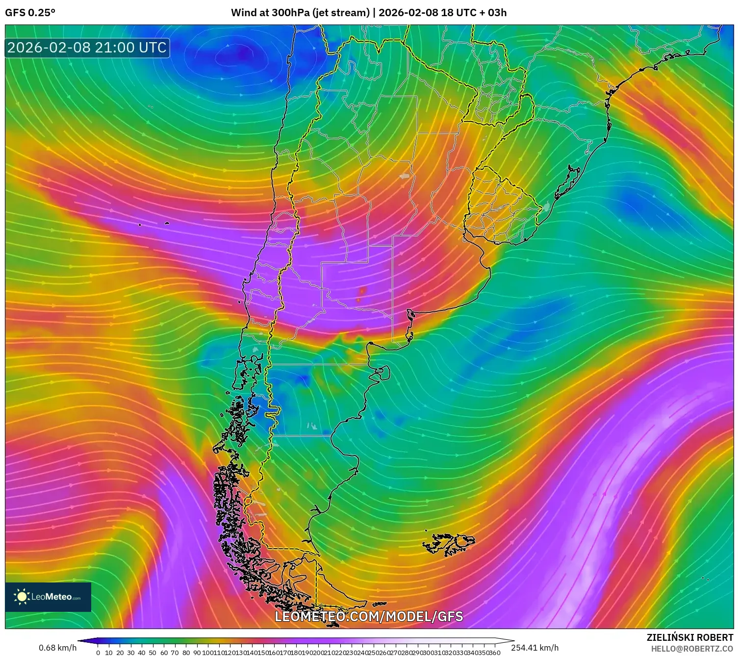 GFS model - Argentina, Angin 300 hPa (aliran jet)