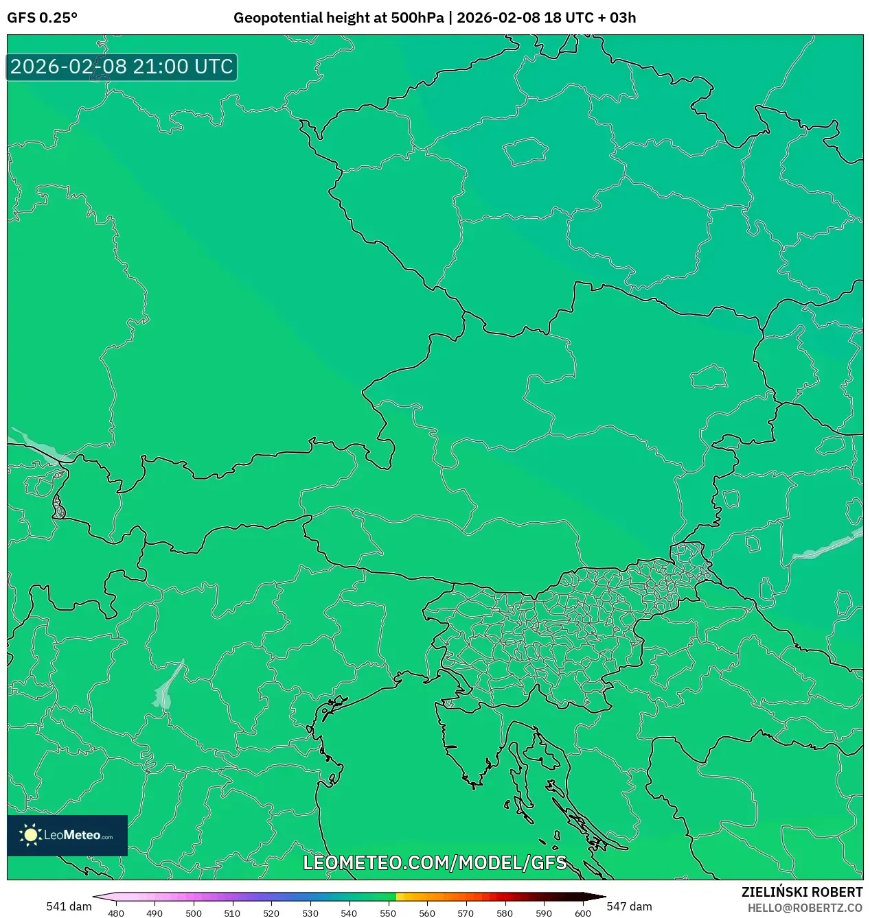 GFS model - Austria, Geopotential height at 500hPa