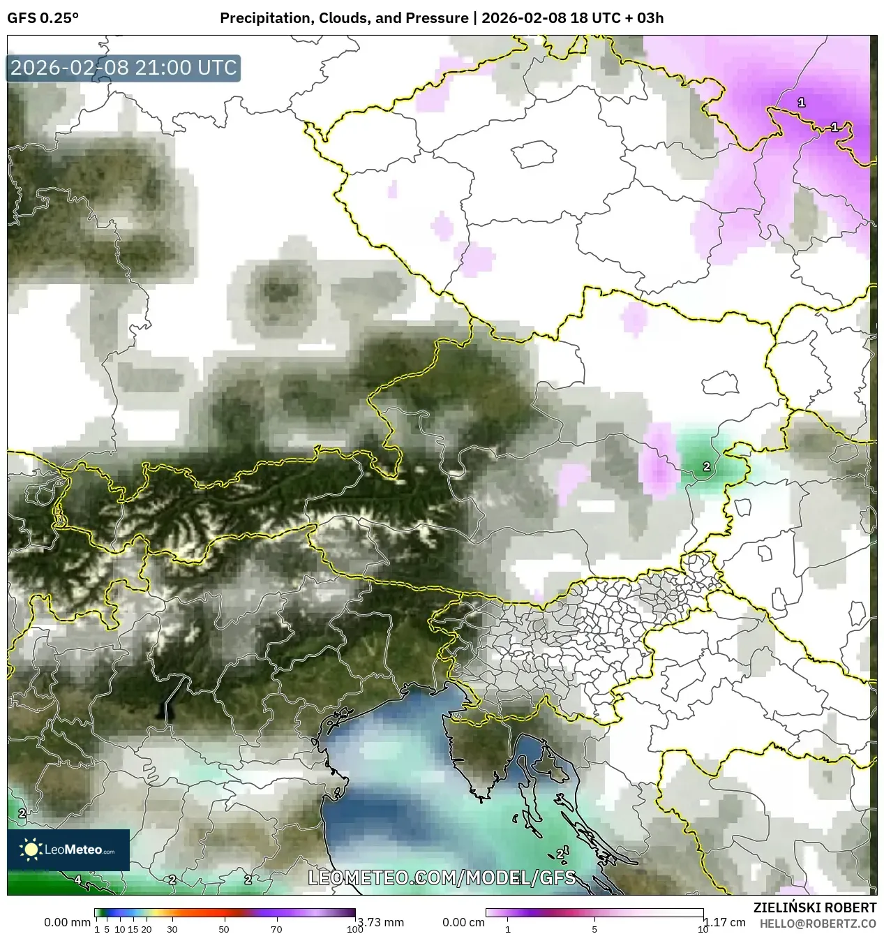 GFS model - Austria, Hujan, Awan dan Tekanan