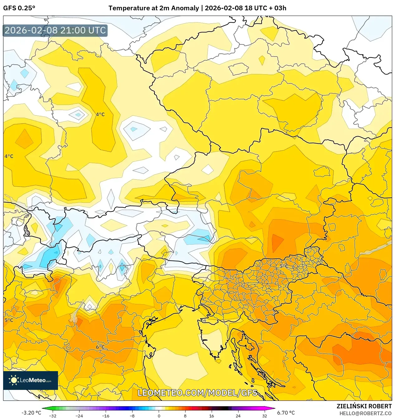 GFS model - Austria, Temperature at 2m Anomaly
