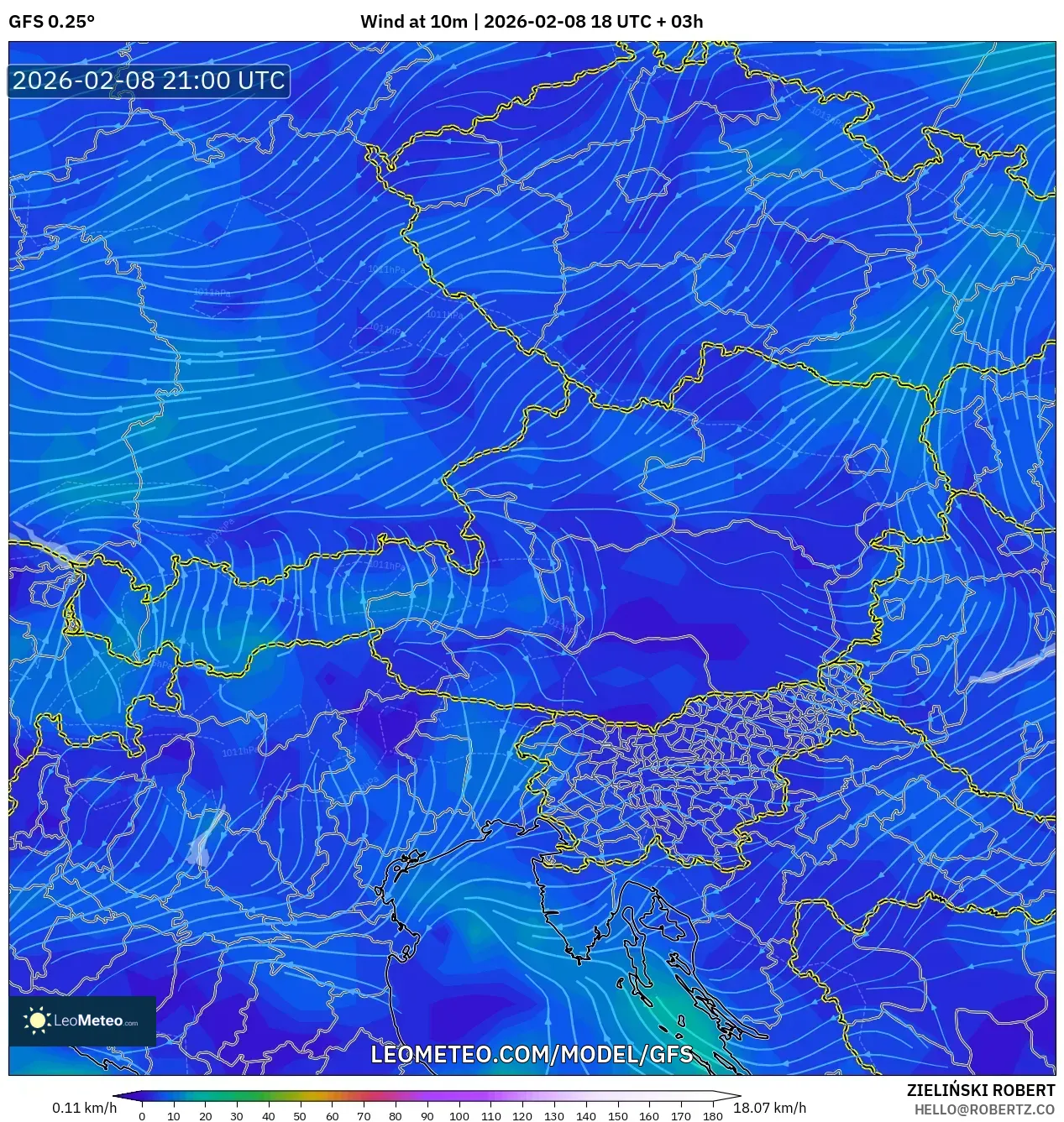 GFS model - Austria, Wind at 10m