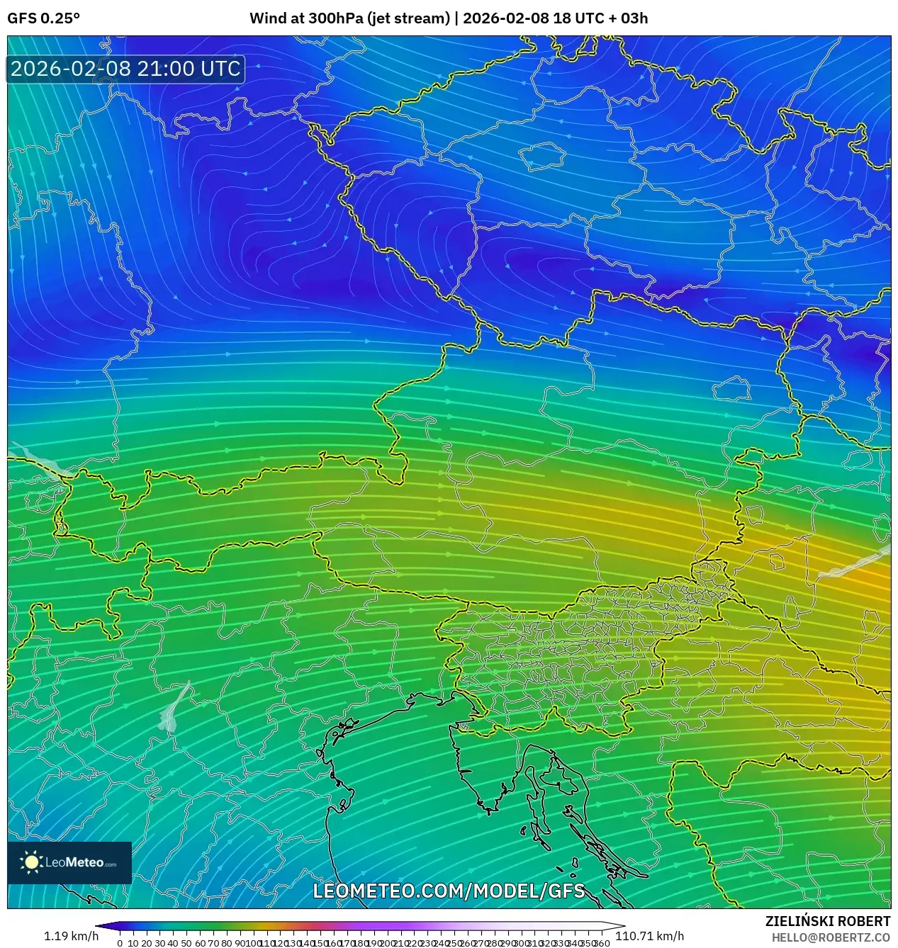 GFS model - Austria, Wind at 300hPa (jet stream)