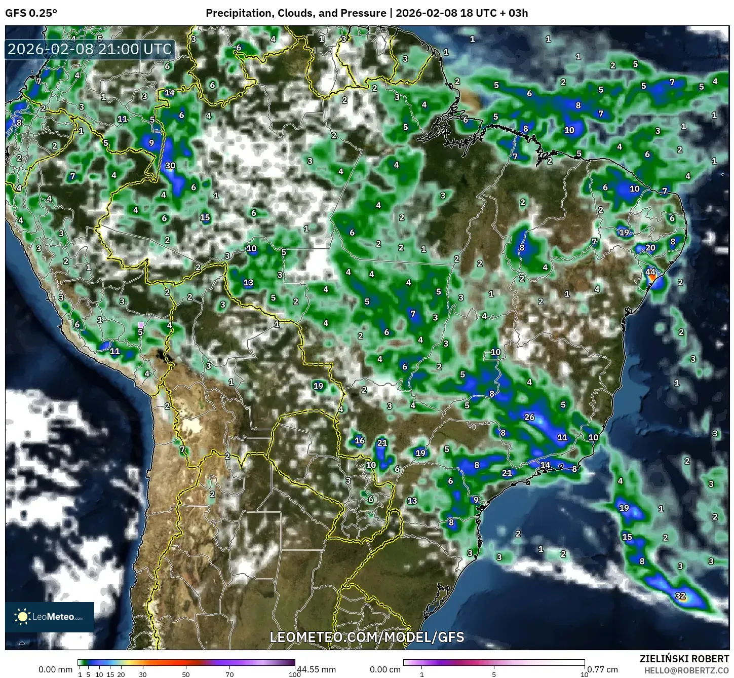 GFS model - Brasil, Curah Hujan, Awan, dan Tekanan
