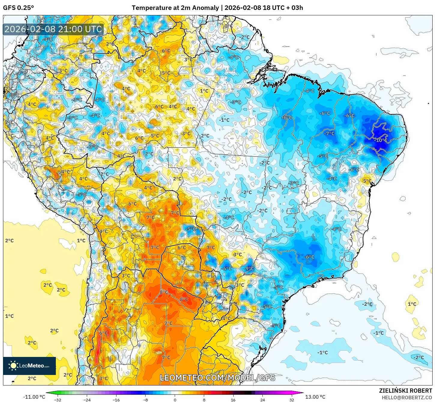 GFS model - Brazil, Anomali Suhu 2 m