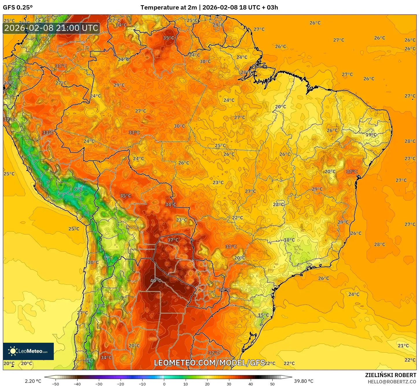 GFS model - Brazil, Suhu pada 2 m