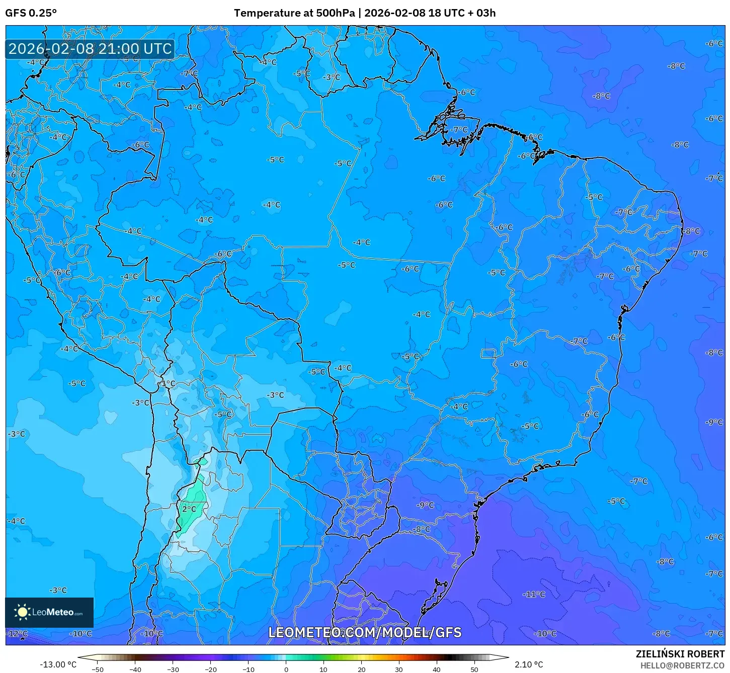 GFS model - Brazil, Suhu 500 hPa