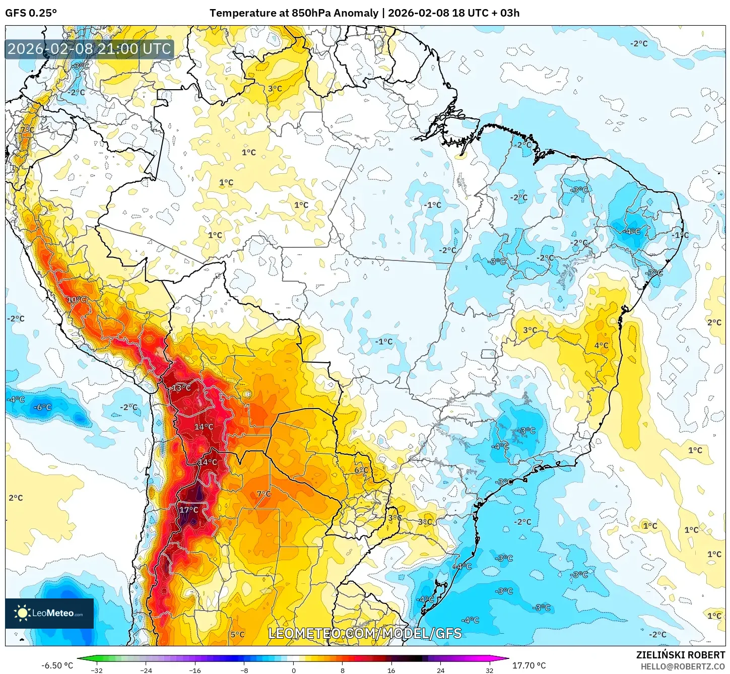 GFS model - Brasil, Anomali Suhu 850 hPa