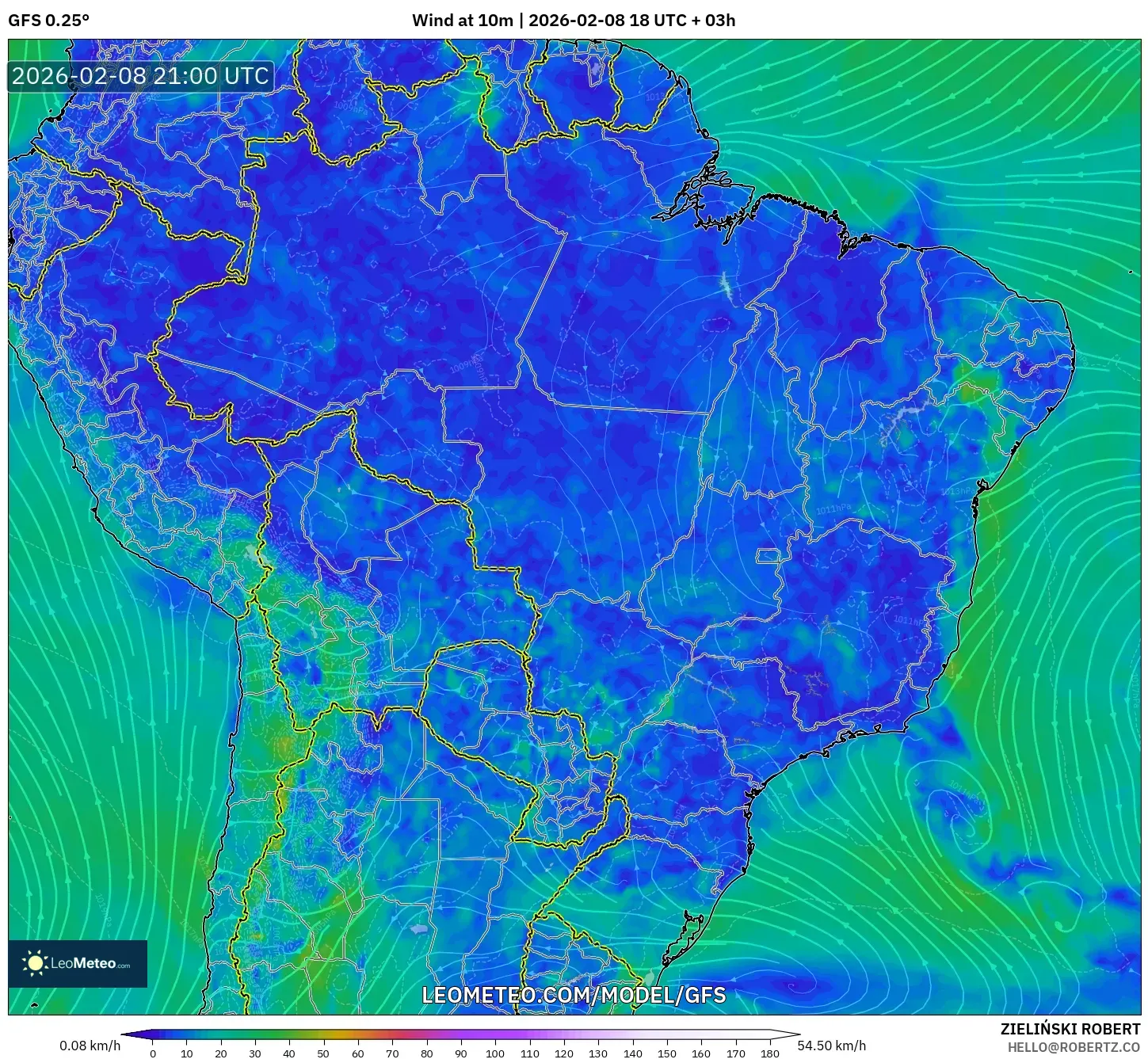 GFS model - Brazil, Angin 10 m