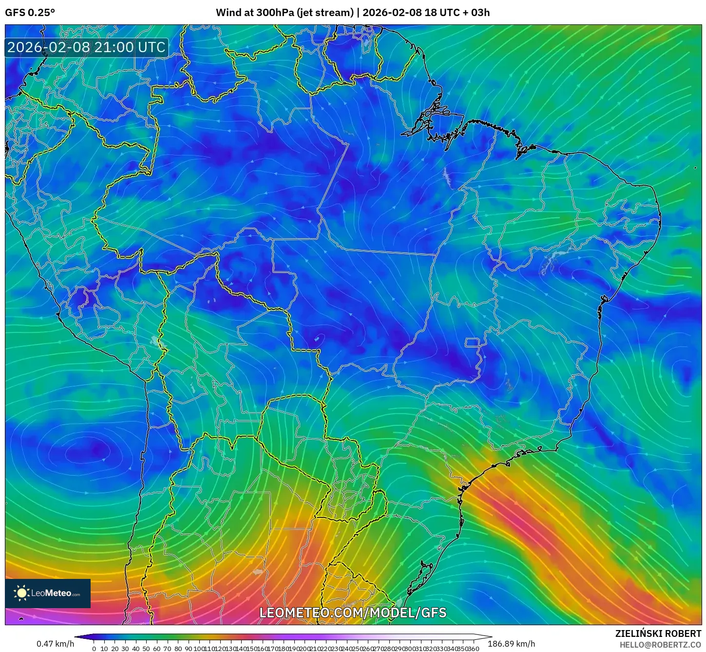 GFS model - Brasil, Angin 300 hPa (aliran jet)