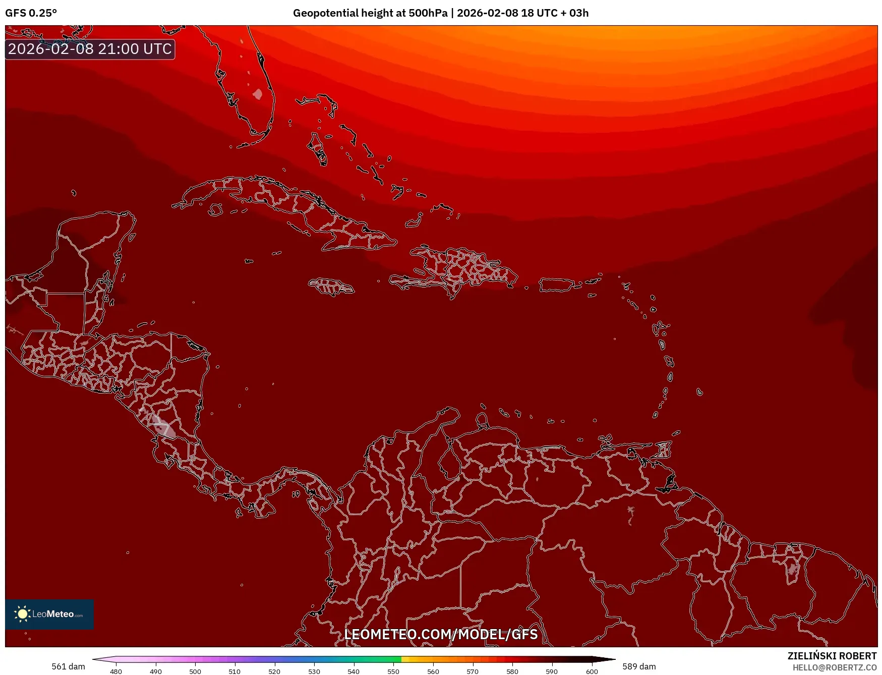 GFS model - Caribbean, Geopotential height at 500hPa