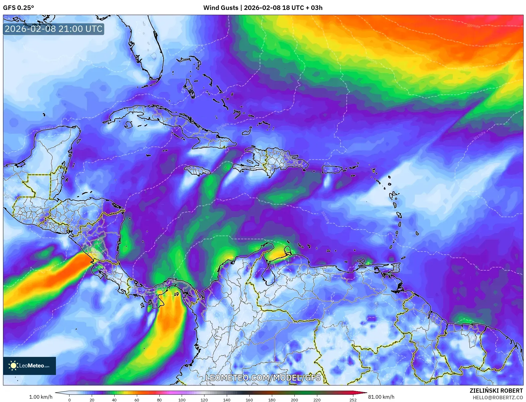 GFS model - Caribbean, Wind Gusts