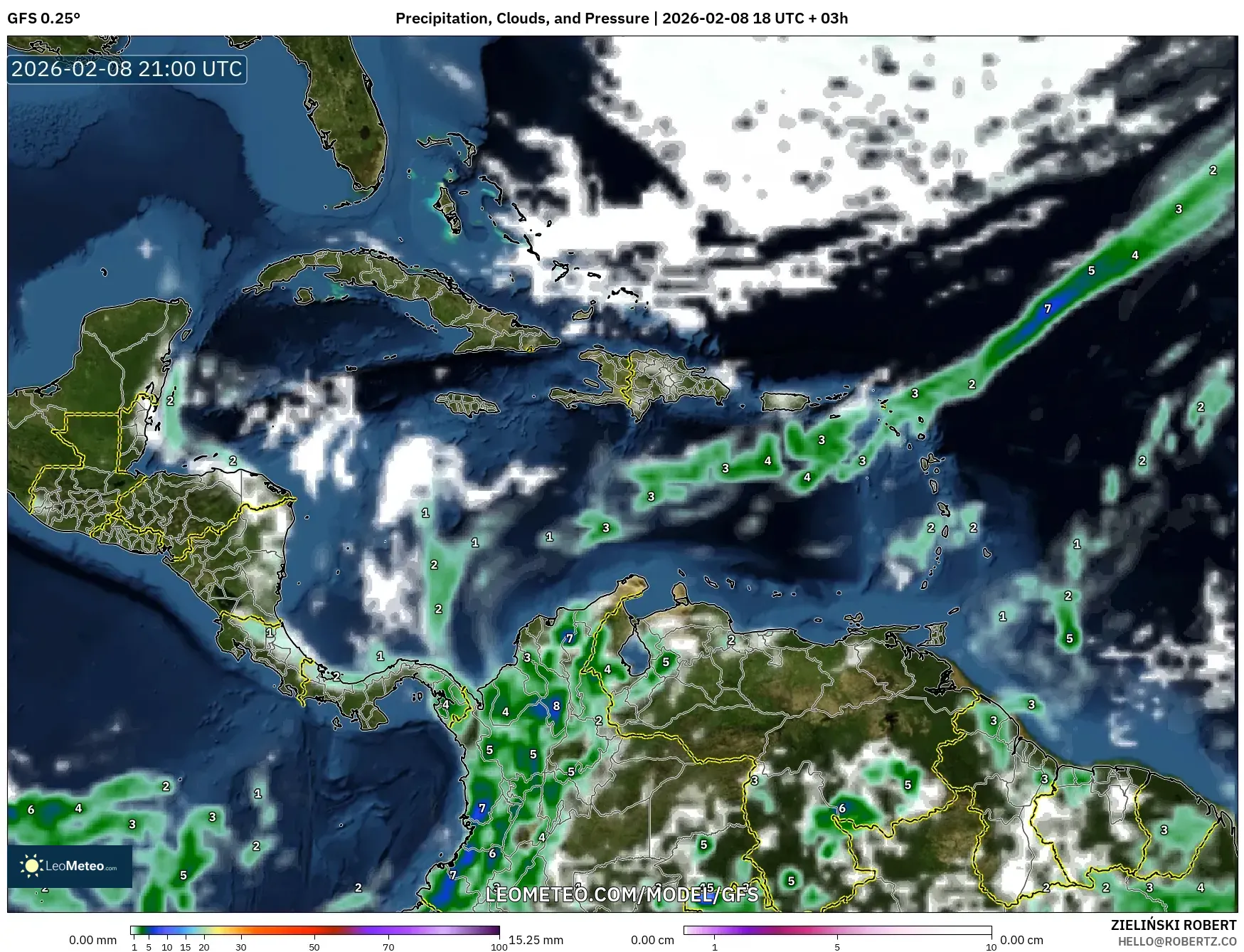 GFS model - Karibia, Curah Hujan, Awan, dan Tekanan