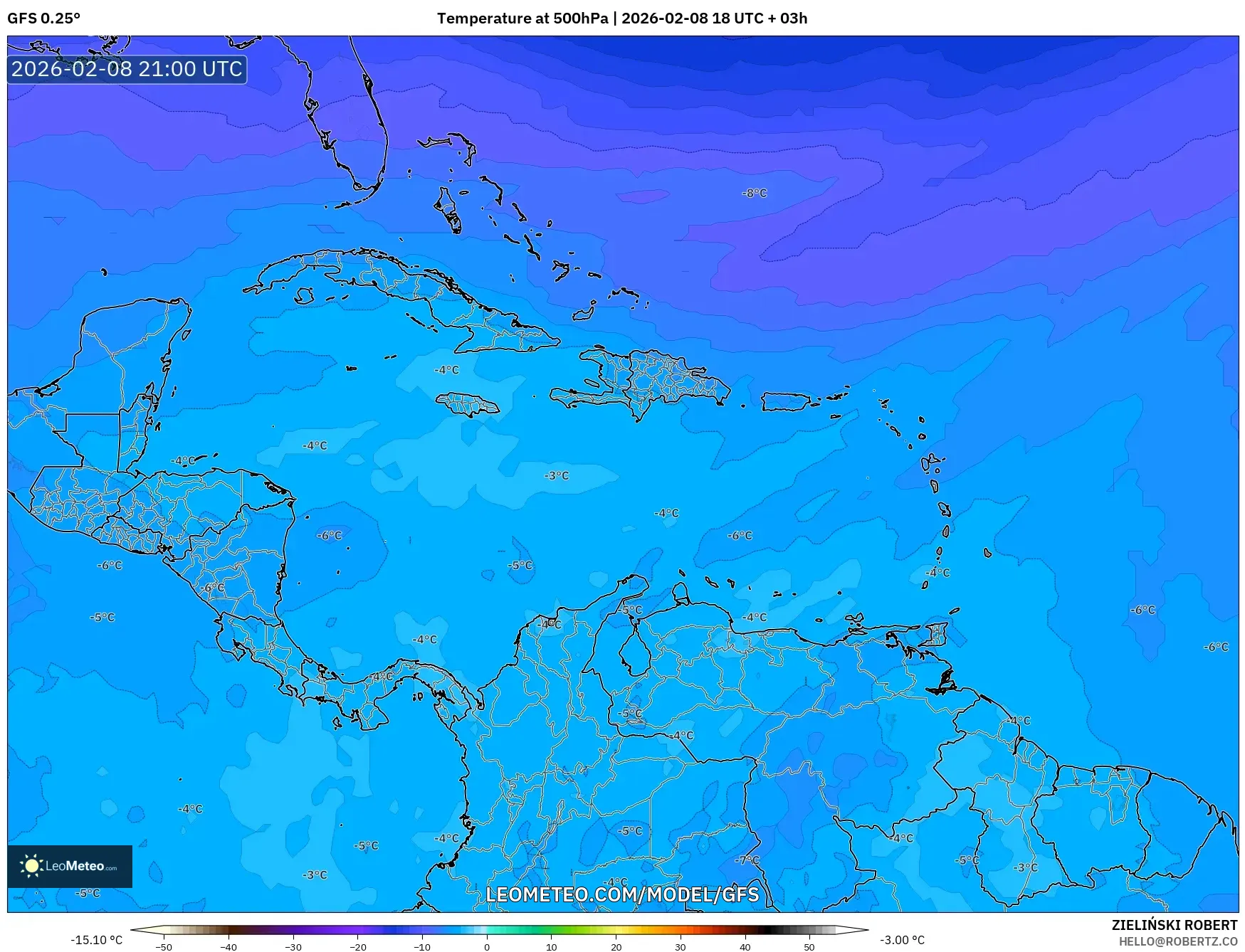 GFS model - Karibia, Suhu 500 hPa