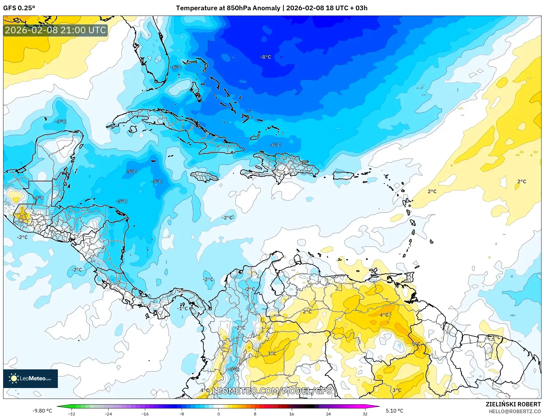 GFS model - Caribbean, Temperature at 850hPa Anomaly