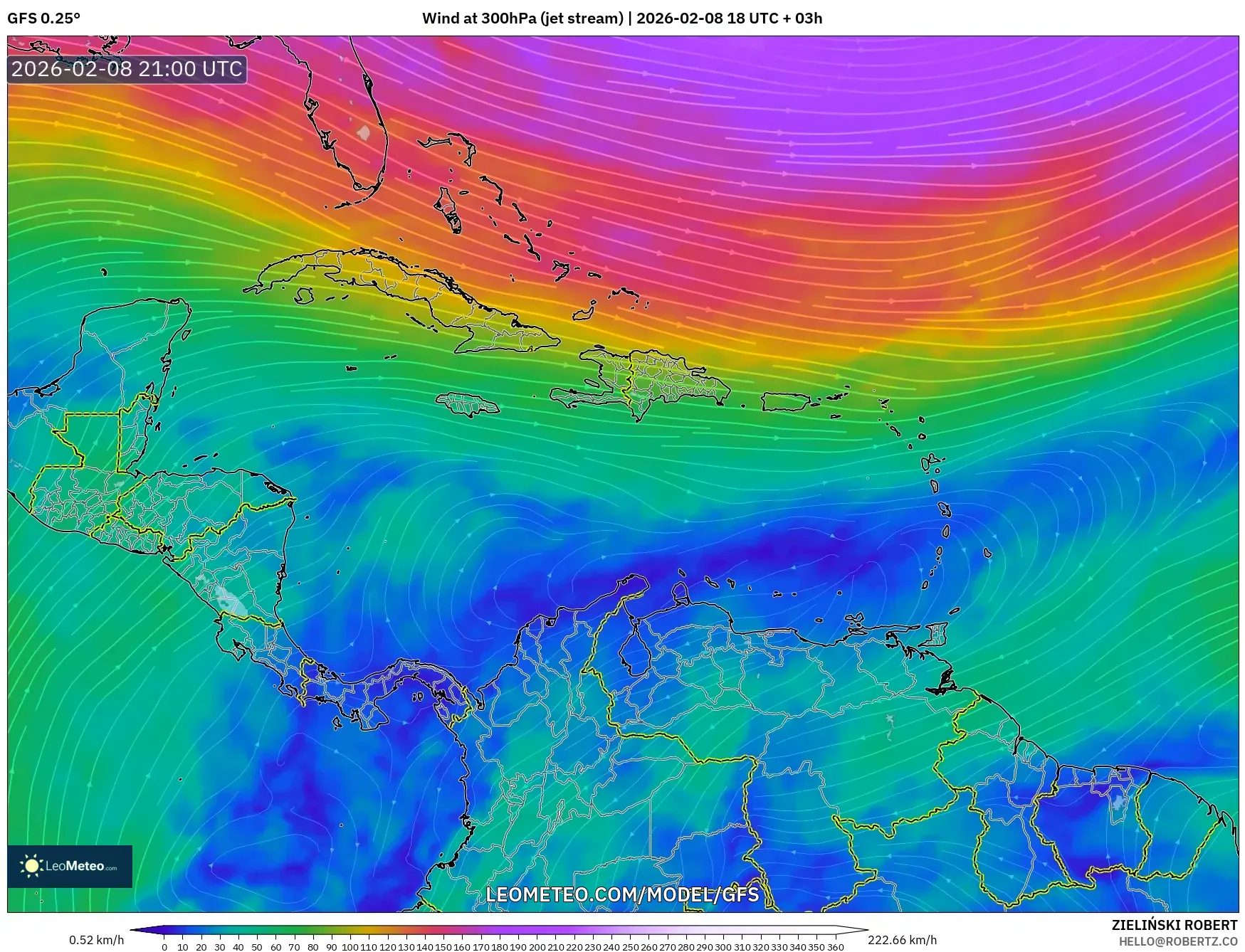 GFS model - Caribbean, Wind at 300hPa (jet stream)