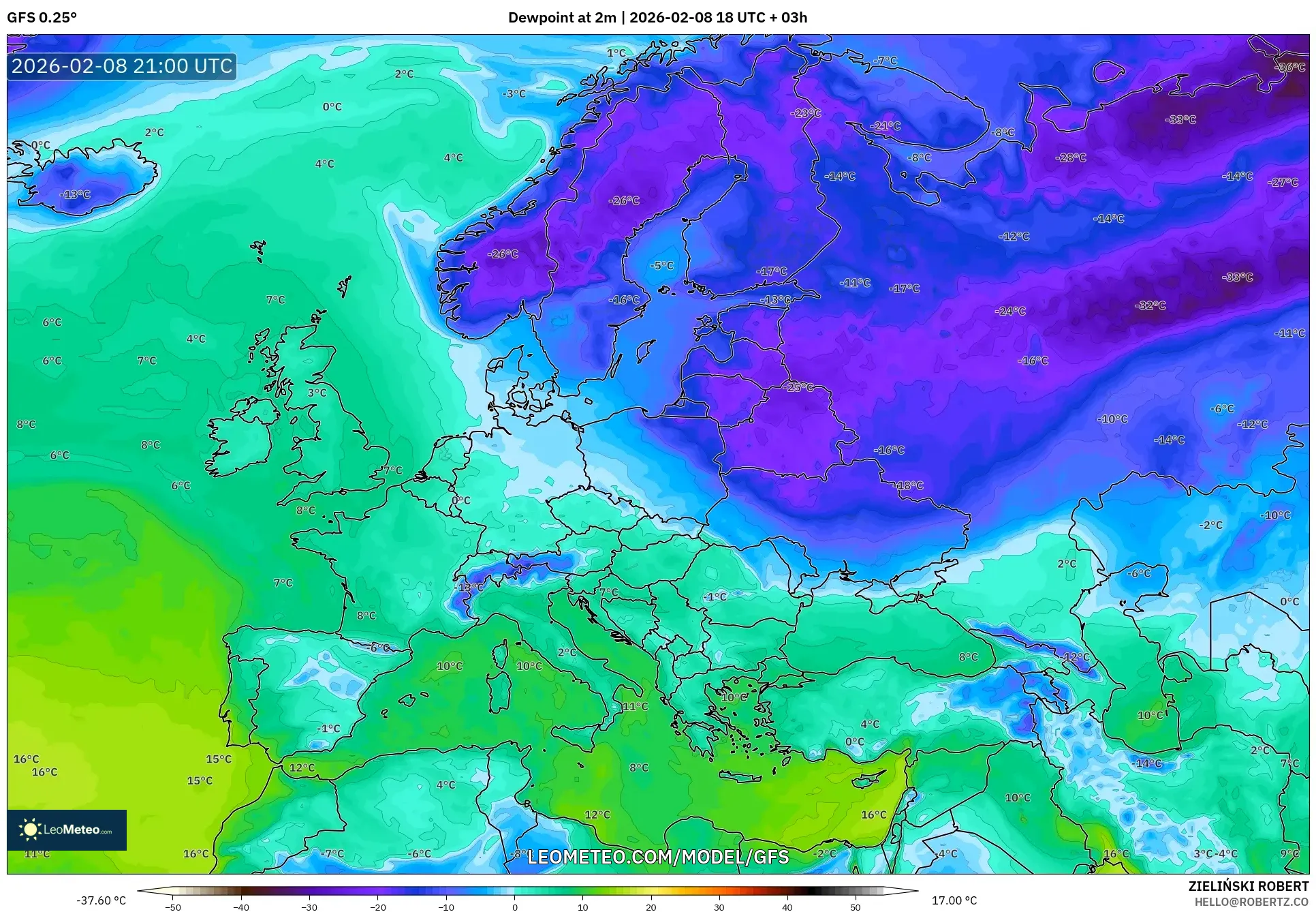 GFS model - Europe, Dewpoint at 2m
