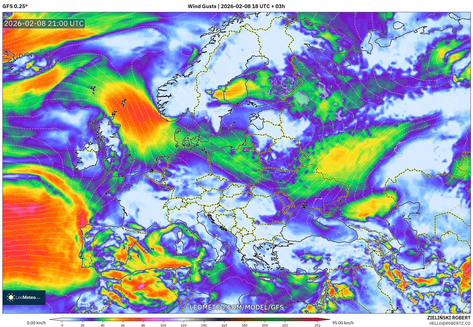 GFS model - Europe, Wind Gusts