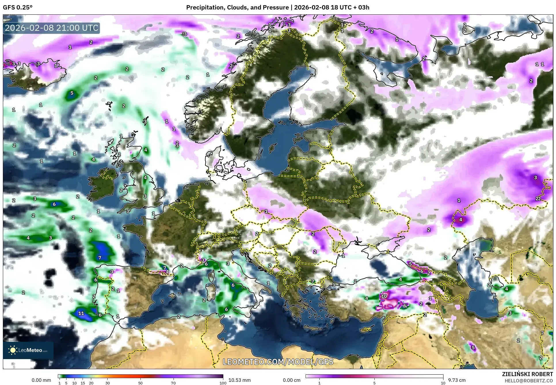 GFS model - Eropah, Hujan, Awan dan Tekanan