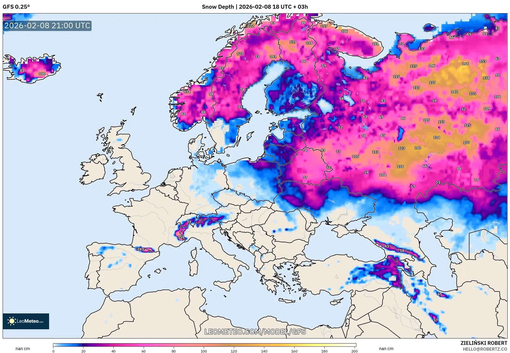 GFS model - Eropa, Kedalaman Salju