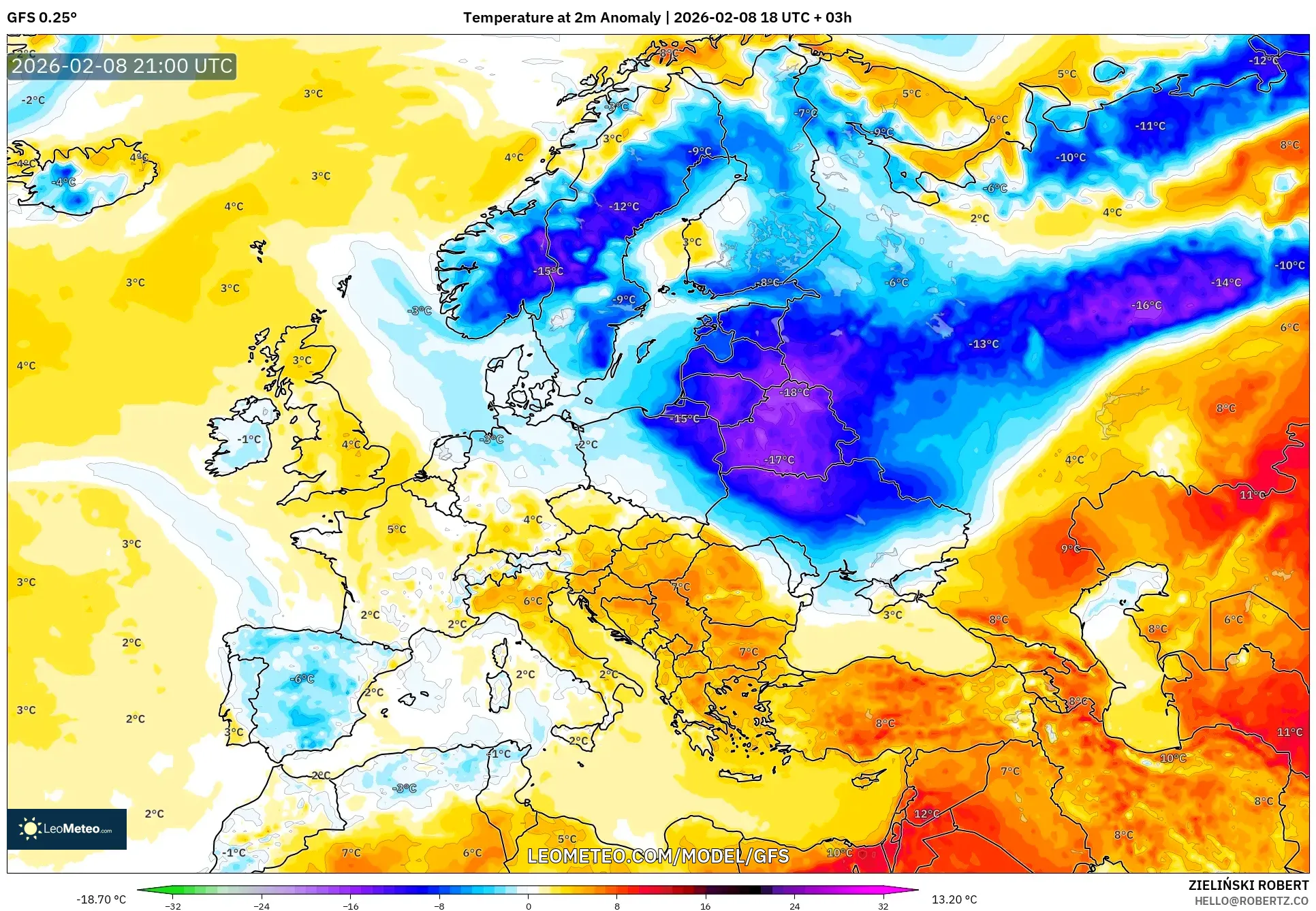 GFS model - Europe, Temperature at 2m Anomaly