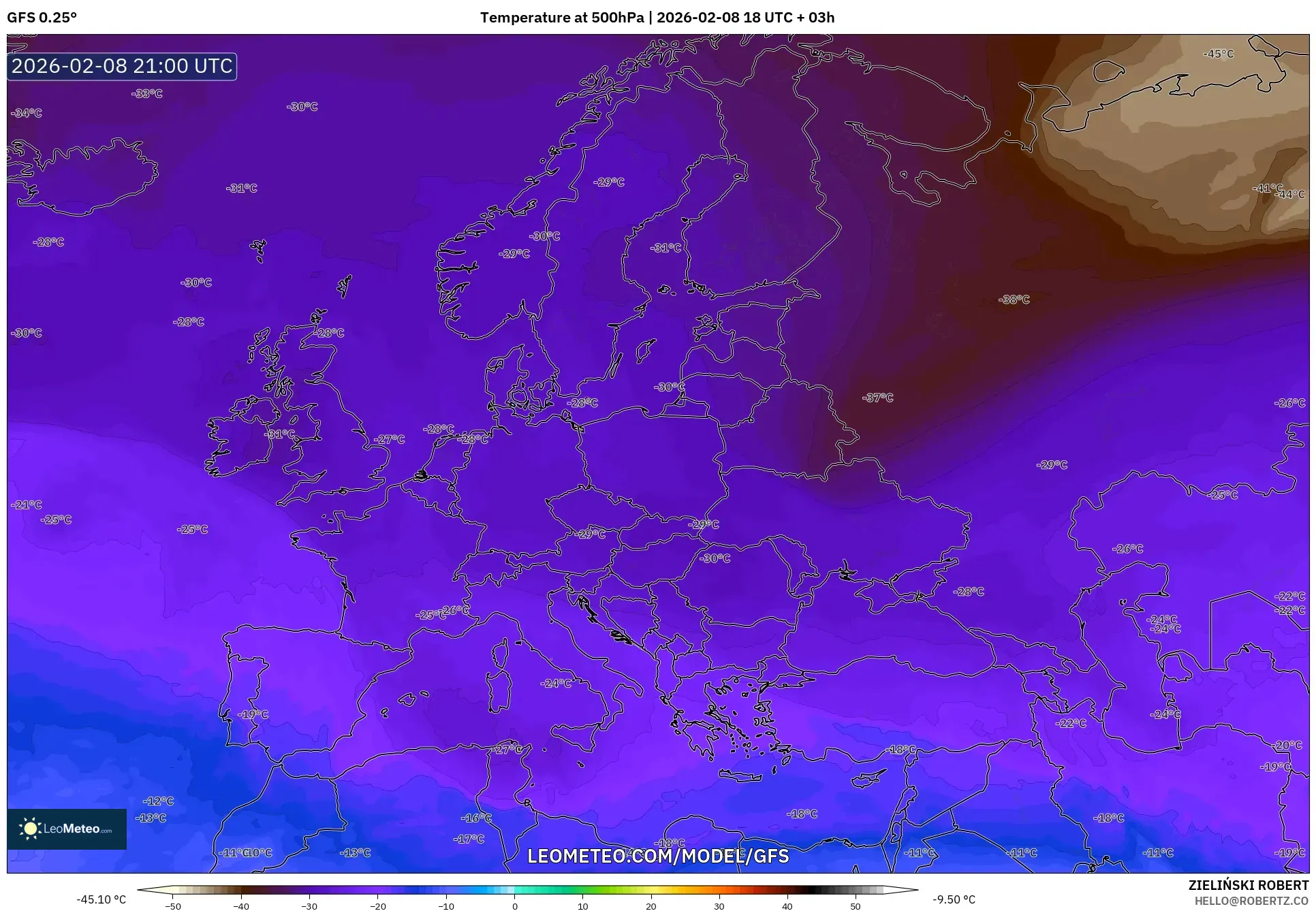 GFS model - Europe, Temperature at 500hPa
