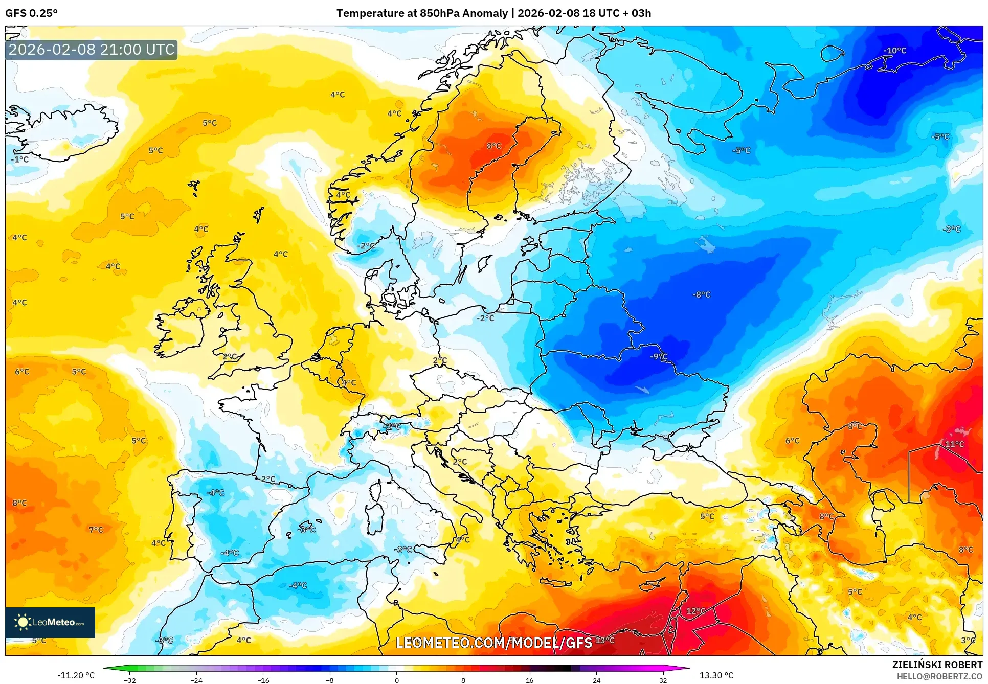 GFS model - Europe, Temperature at 850hPa Anomaly