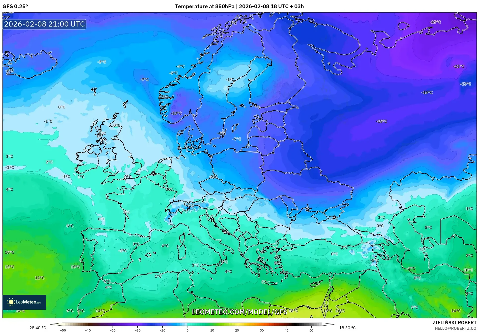 GFS model - Eropa, Suhu 850 hPa