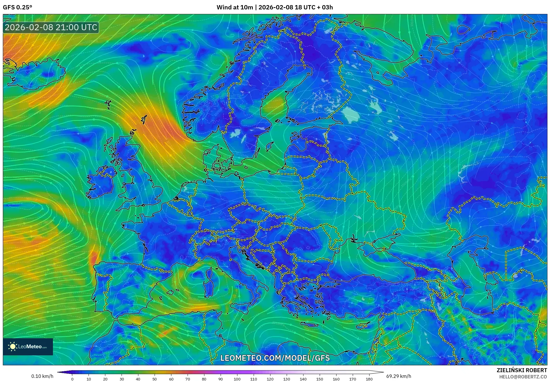 GFS model - Europe, Wind at 10m