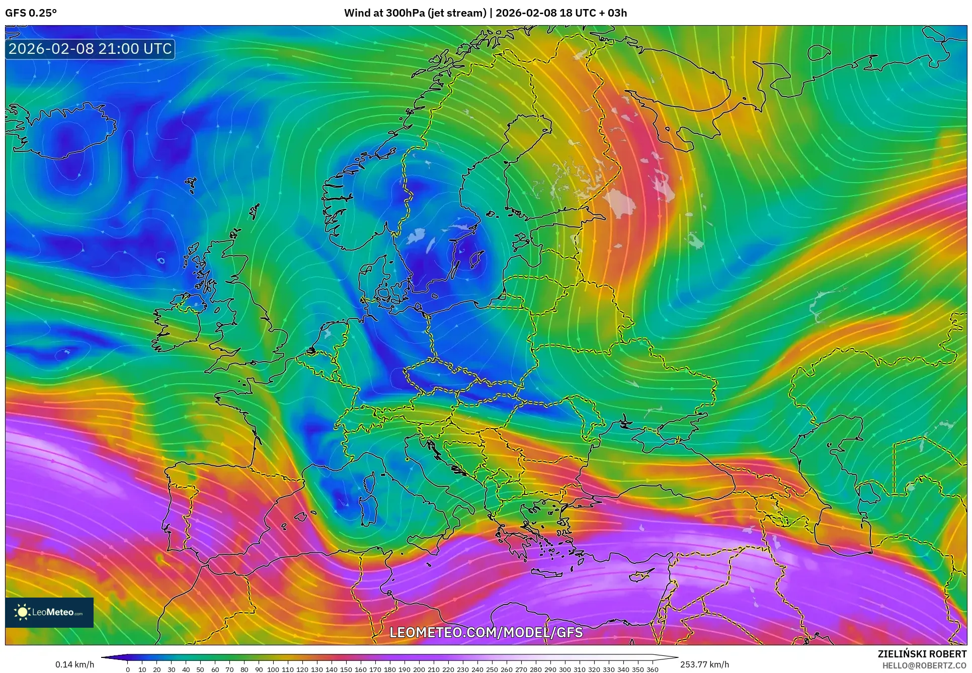 GFS model - Europe, Wind at 300hPa (jet stream)