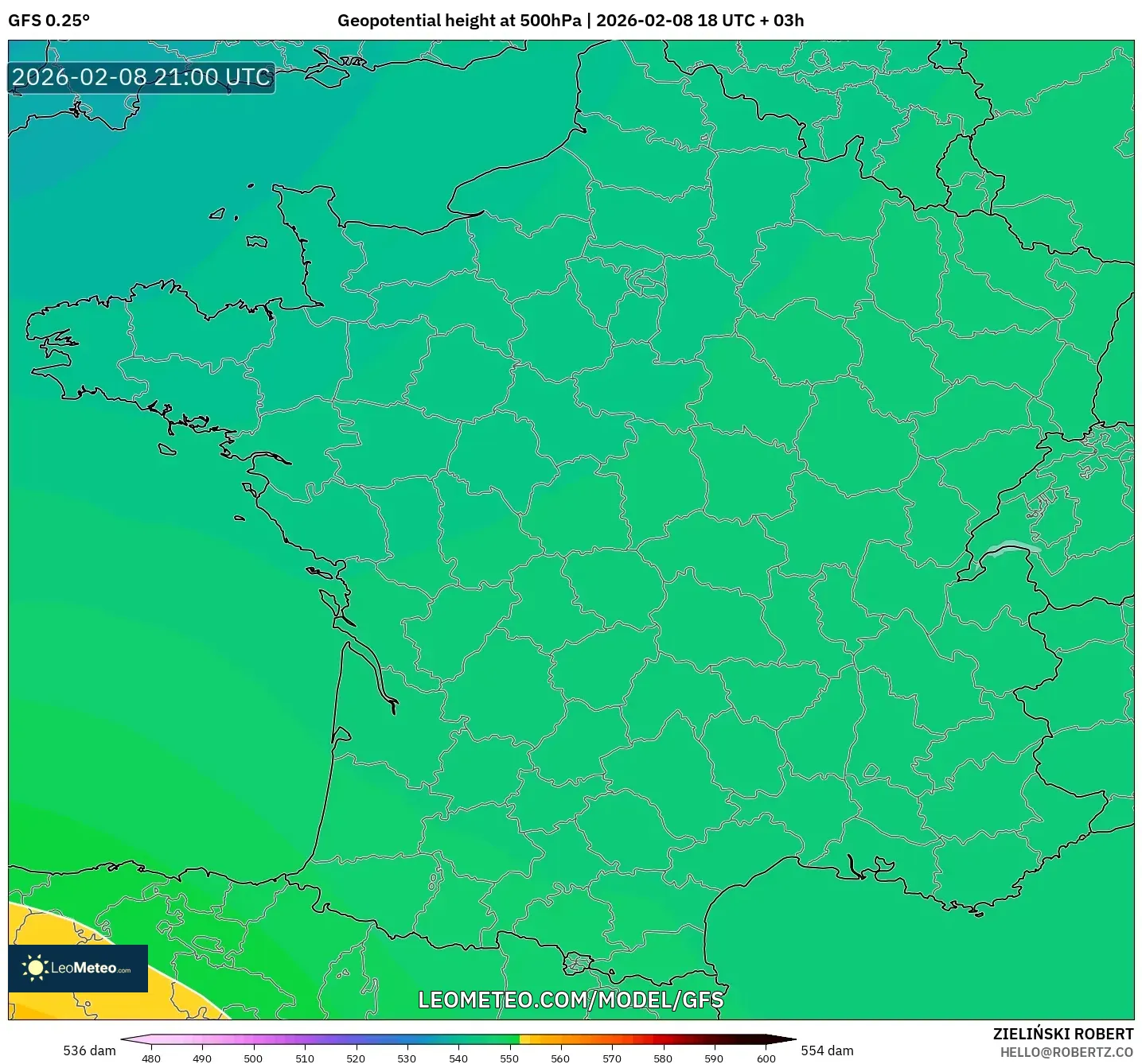 GFS model - France, Geopotential height at 500hPa