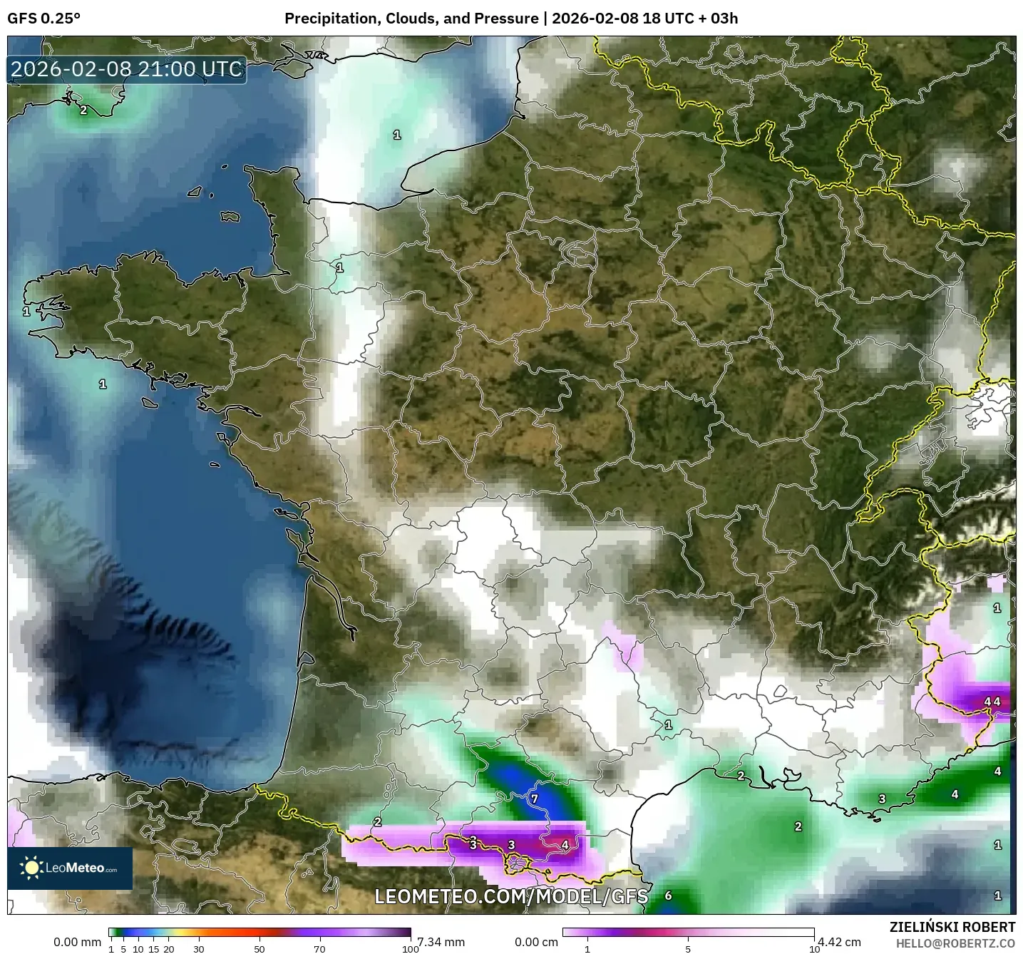GFS model - Perancis, Hujan, Awan dan Tekanan