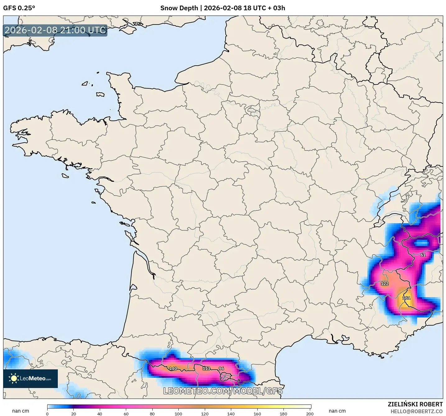 GFS model - France, Snow Depth