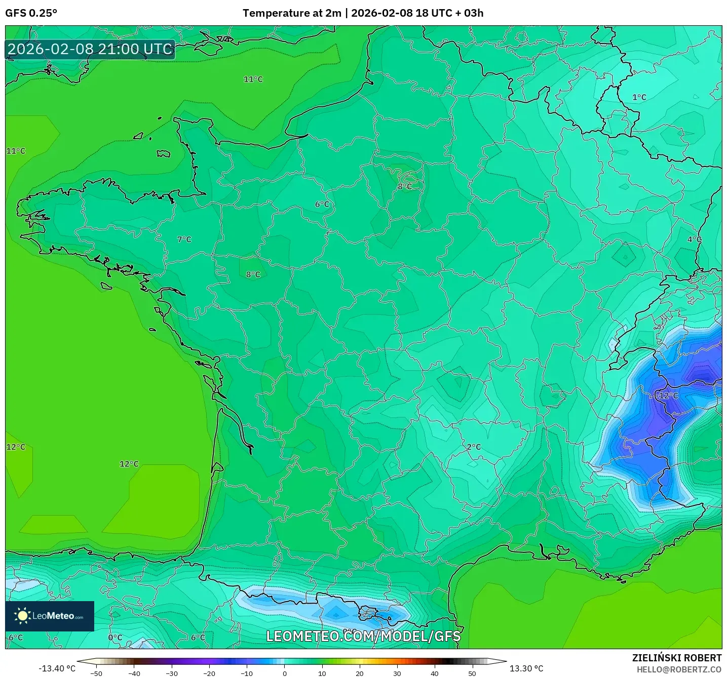 GFS model - France, Temperature at 2m