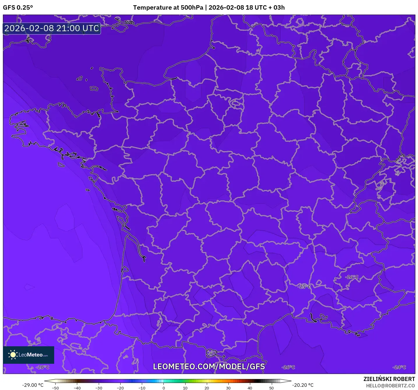 GFS model - France, Temperature at 500hPa