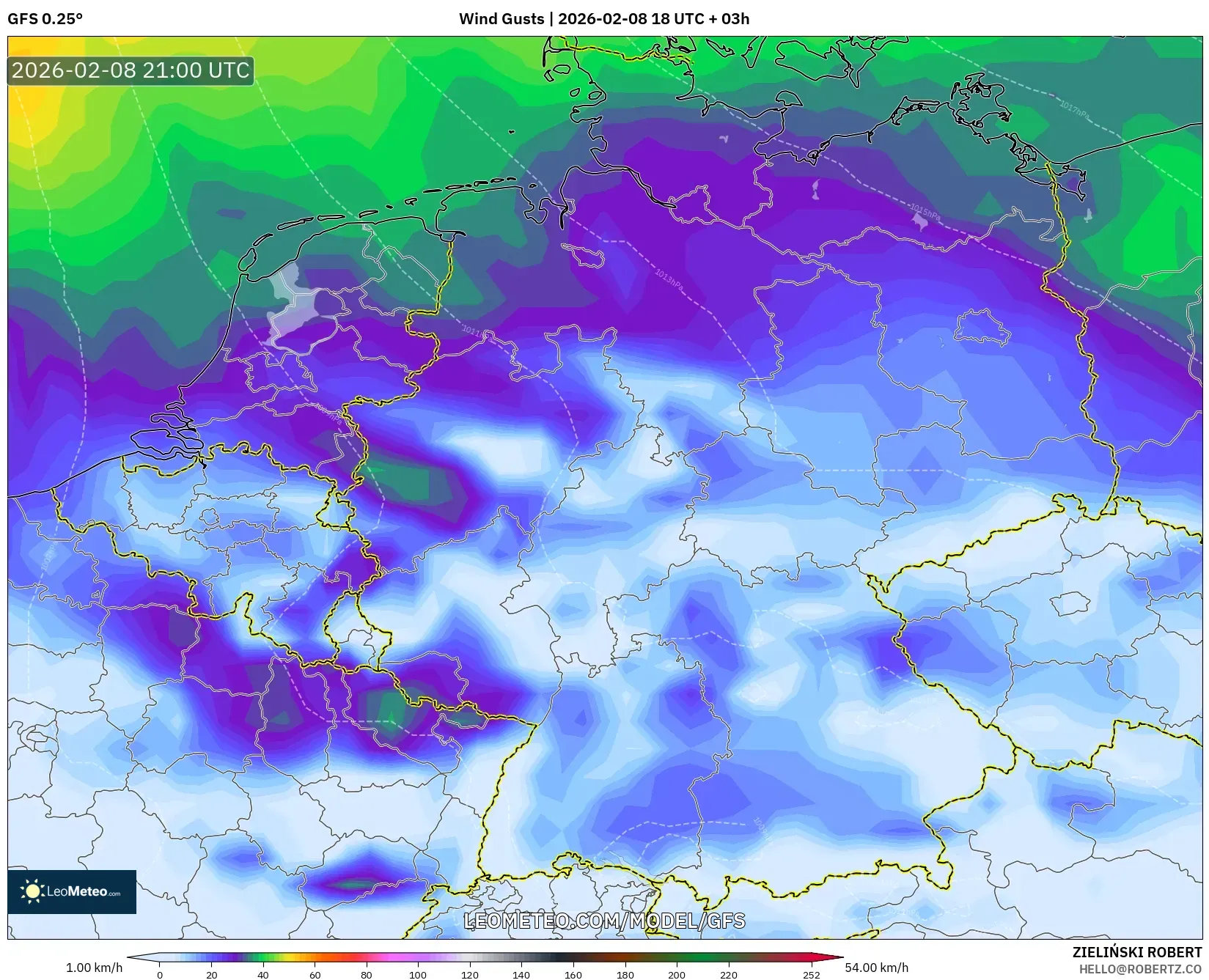 GFS model - Germany, Wind Gusts
