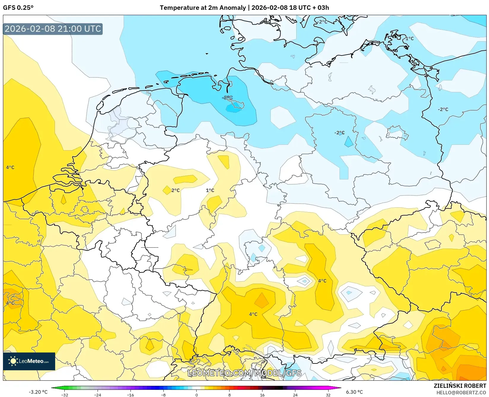 GFS model - Germany, Temperature at 2m Anomaly