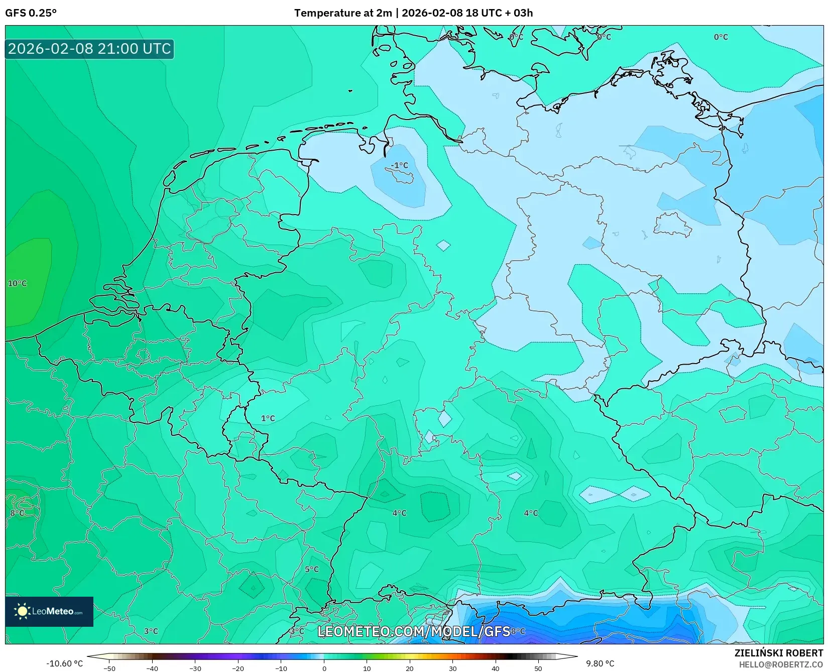 GFS model - Germany, Temperature at 2m