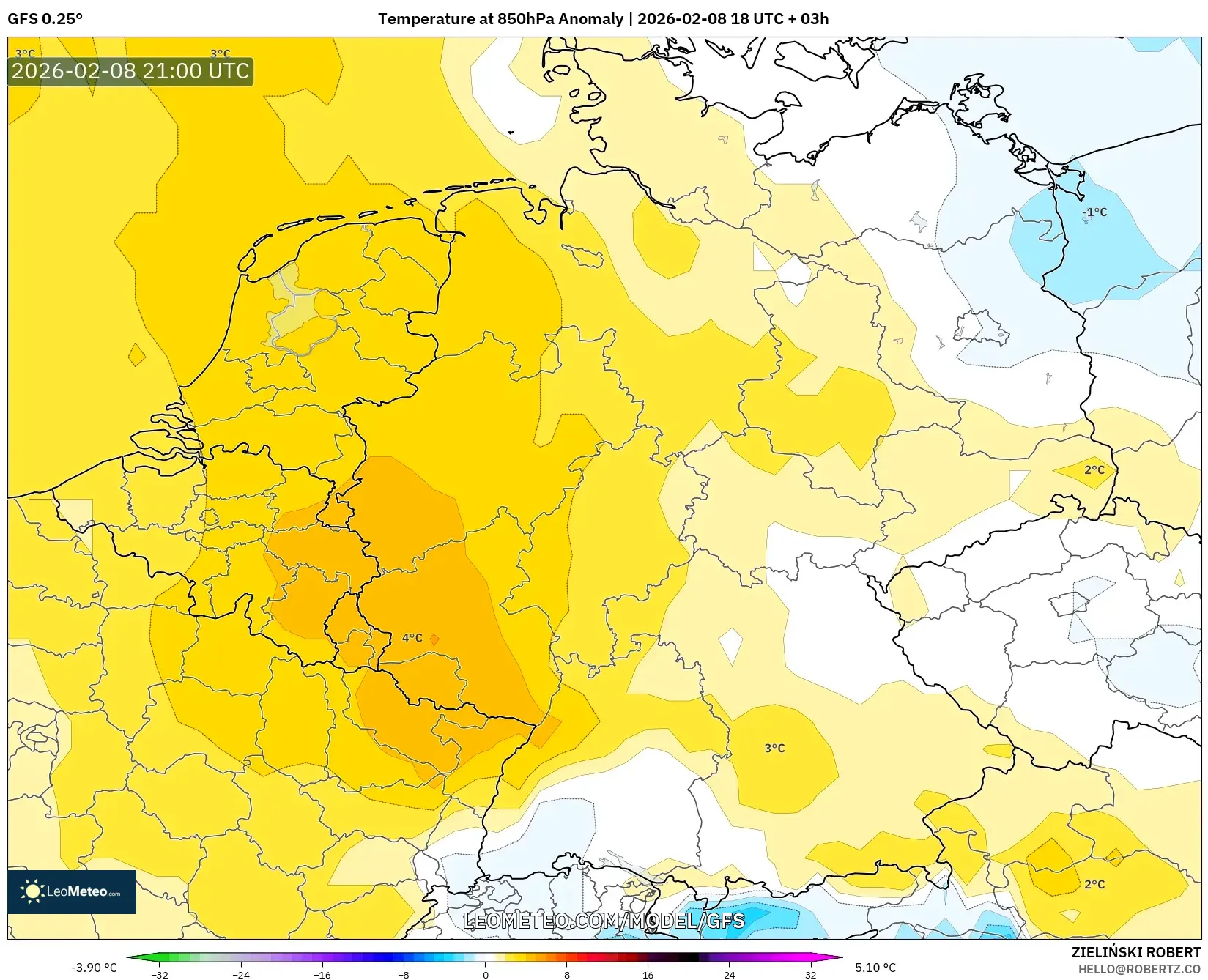 GFS model - Germany, Temperature at 850hPa Anomaly