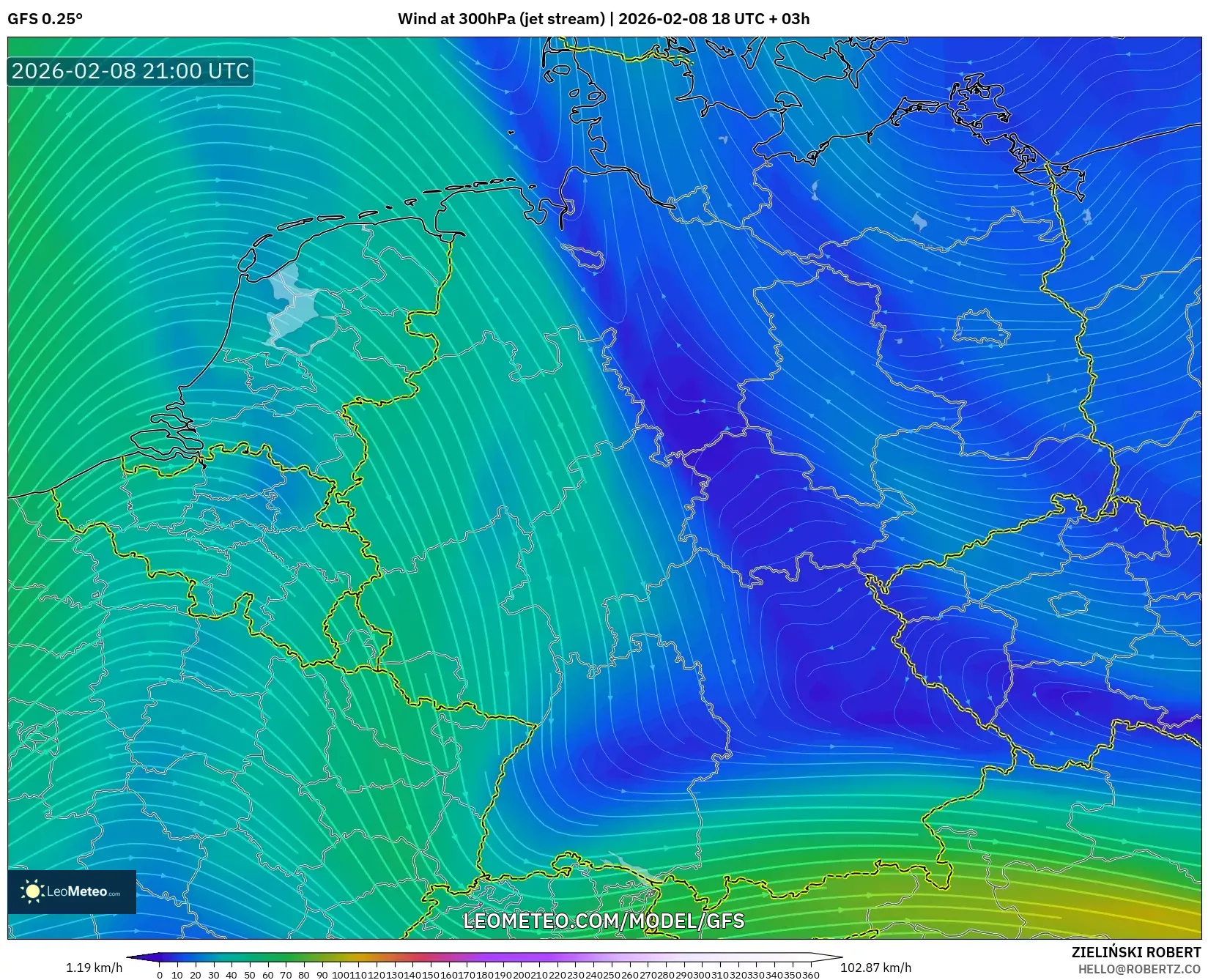GFS model - Jerman, Angin 300 hPa (aliran jet)
