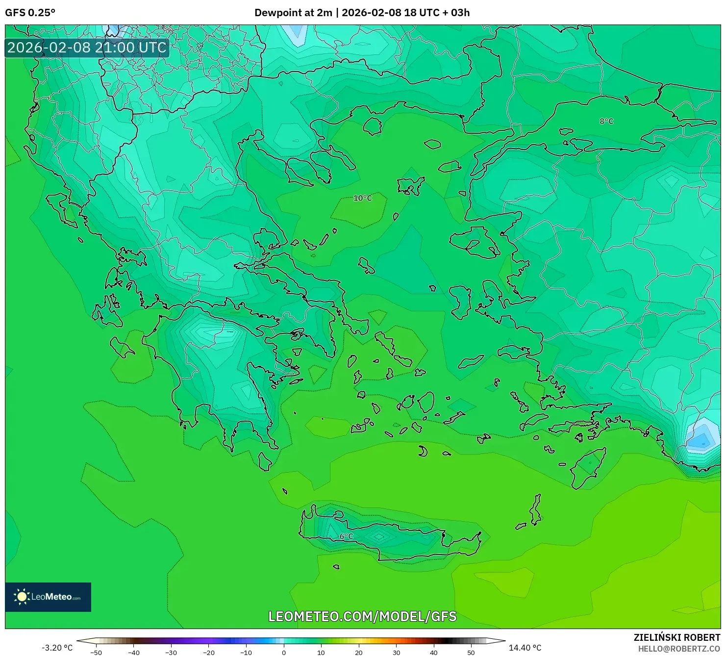 GFS model - Greece, Dewpoint at 2m