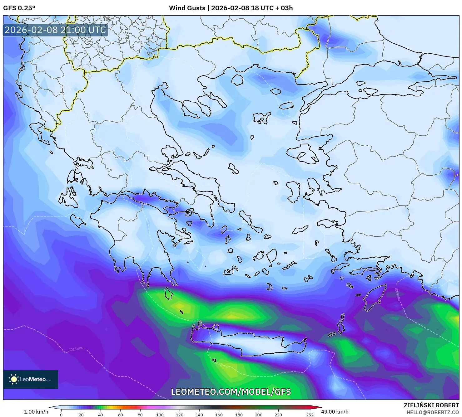 GFS model - Greece, Wind Gusts