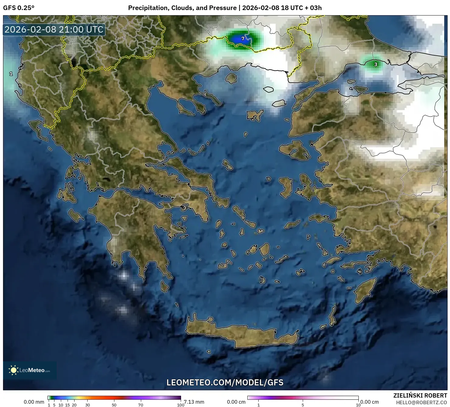 GFS model - Yunani, Hujan, Awan dan Tekanan