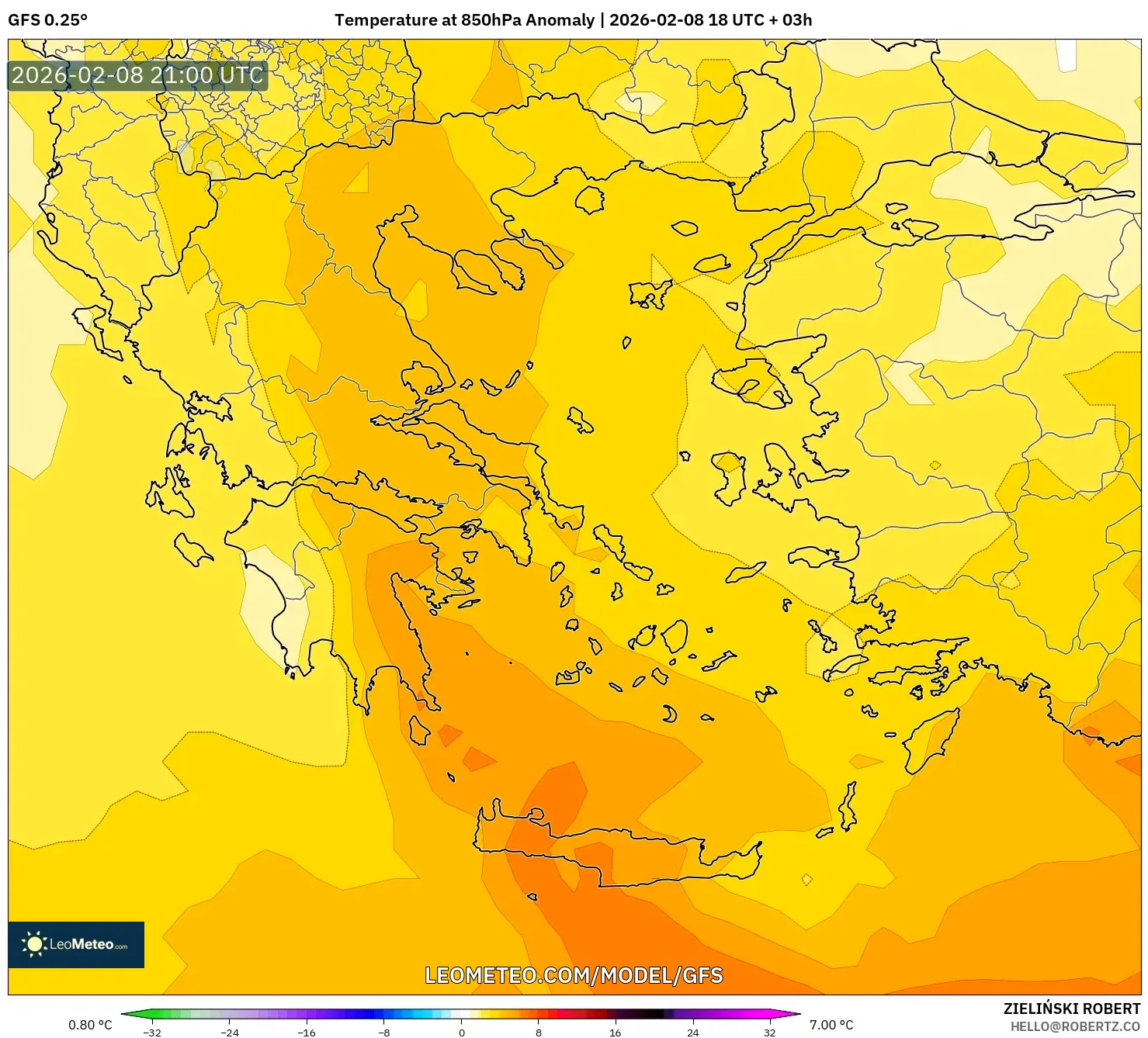 GFS model - Greece, Temperature at 850hPa Anomaly